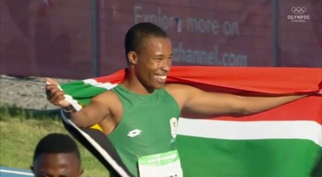 Luke Davids on his Victory Parade after the 100m Final at the 2018 Youth Olympics 