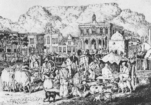 Drawing of Greenmarket Square in the 1830s