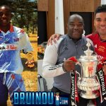 Benni McCarthy with trophies as a striker at Seven Stars in the late 1990's and with the FA Cup as a Coach at Manchester United in 2024