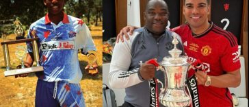 Benni McCarthy with trophies as a striker at Seven Stars in the late 1990's and with the FA Cup as a Coach at Manchester United in 2024
