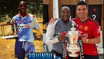 Benni McCarthy with trophies as a striker at Seven Stars in the late 1990's and with the FA Cup as a Coach at Manchester United in 2024